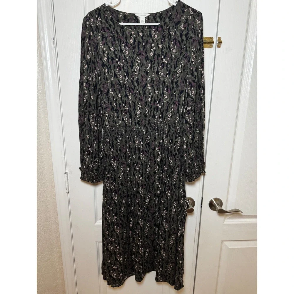 Caslon Womens Green Purple Floral Smocked Waist Long Sleeve Midi Dress Small